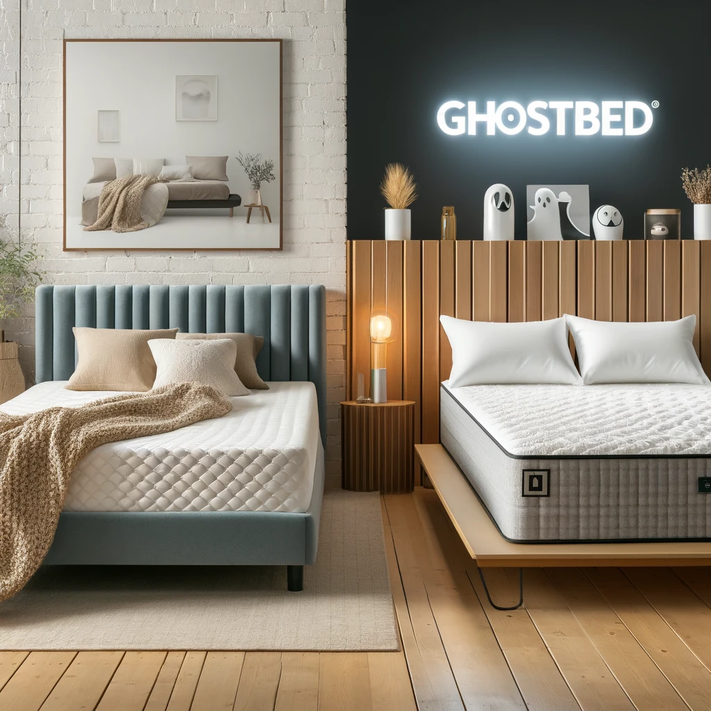 A stylish interior scene featuring two different beds, each showcasing a mattress from Zinus and GhostBed