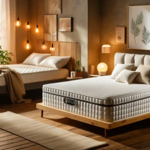 two distinct mattress types side by side in a simple, clean showroom setting signature-sleep-vs-zinus.png